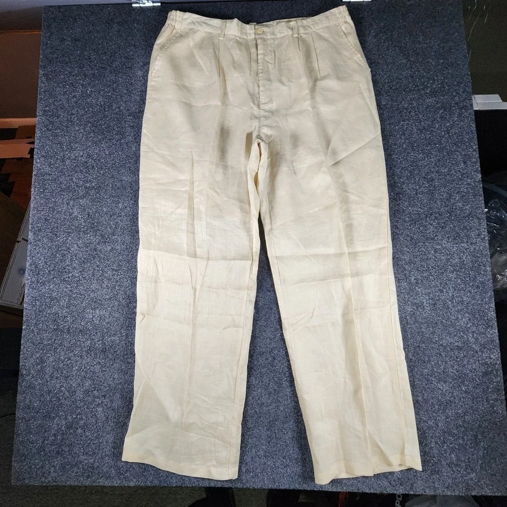 Godbody Collection Mens Linen Pants 44/33 Cream Pleated Elastic Waist Trousers